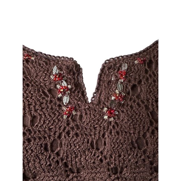 Boho Crochet Top NY Collection Babydoll Brown Retro Orange Yellow Pattern Large - Picture 2 of 6